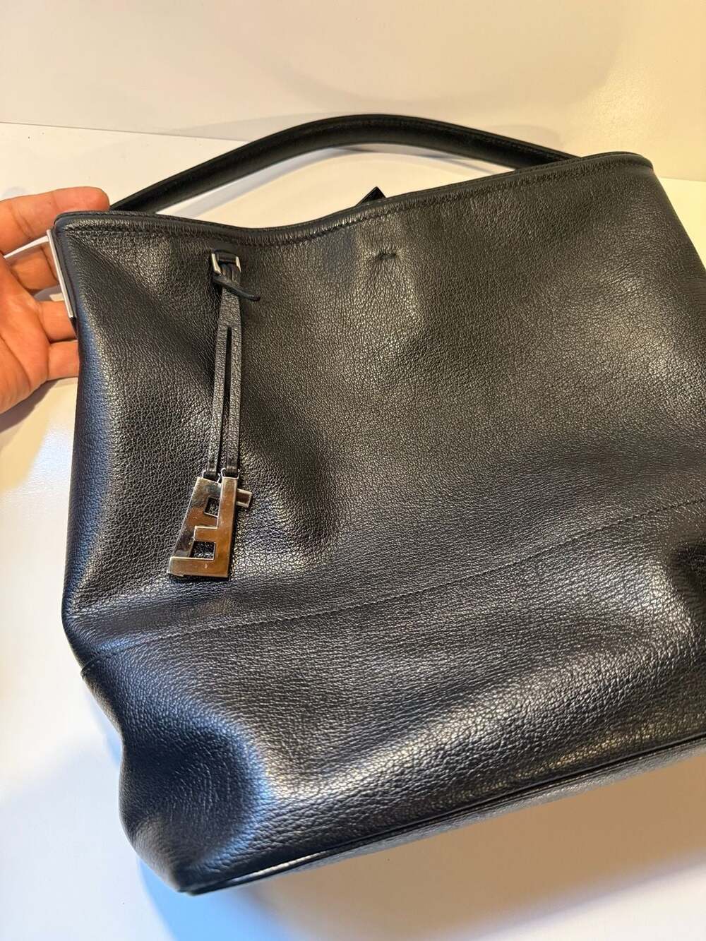 Fendi 8BR697 Black Pebbled Leather Roll Tote Shoulder Bag